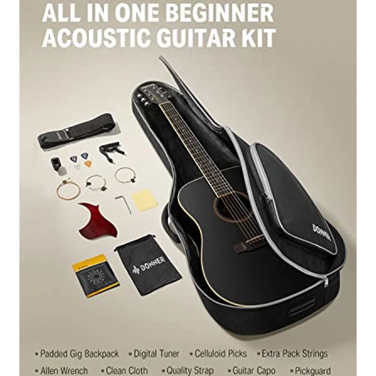 Donner Guitar Acoustic Beginners Full Size Acoustic Guitar Adult Set 4/4 Dreadnought 41 Inch with Gig Bag Capo Plectrums Strap Strings (Black) – Bild 5