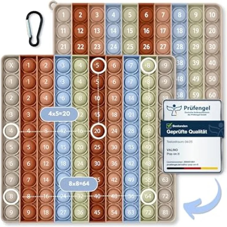 Valino Pop on It 2 in 1 Multiplikationsbrett und Hundertertafel, XXL Lernspiel für Montessori in Pastellfarben mit praktischen Karabiner für unterwegs