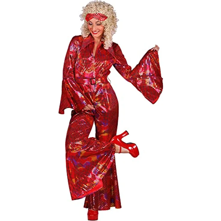 Thetru Disco Catsuit, roter Einteiler mit metallisch reflektierenden Punkten, Trompetenärmeln und Stoffgürtel, Größe S – Bild 2