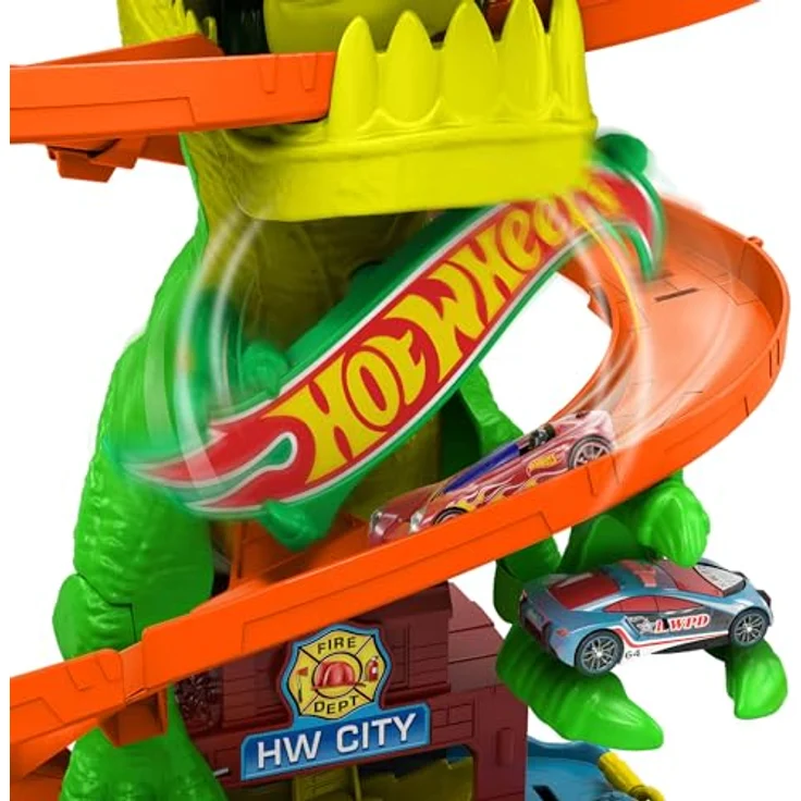 Hot Wheels T-Rex-Schlacht Rennbahn, Autorennbahn mit Die-Cast Feuerwehrwagen im Maßstab 1:64, interaktive T-Rex-Funktionen und Aufbewahrungsmöglichkeiten für Autos – Bild 4