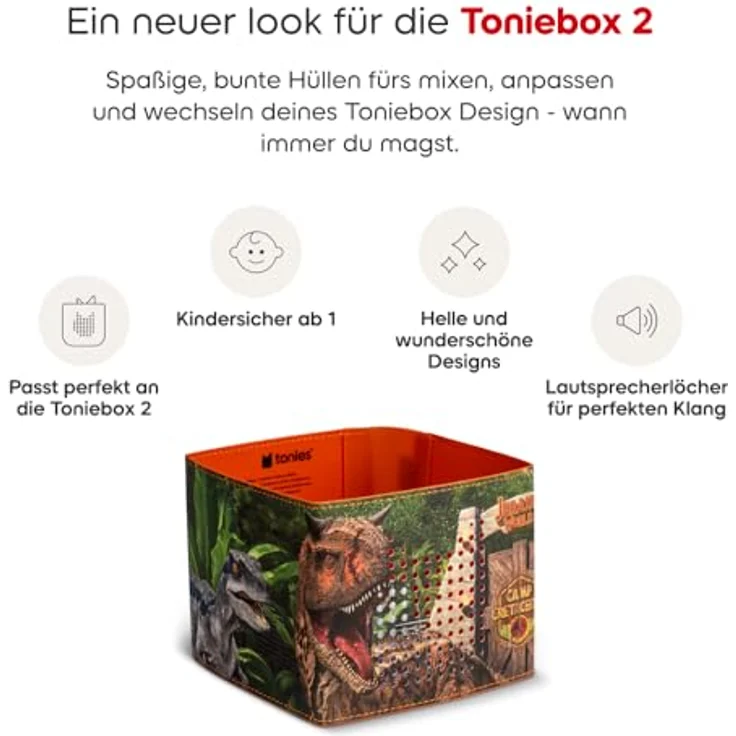 tonies Toniebox 2 Hülle Jurassic World, farbenfrohes Design zur individuellen Gestaltung, kindgerechte Materialien – Bild 3