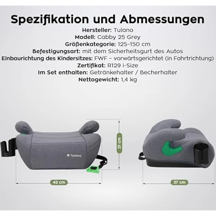 Tulano Cabby 25, Kindersitz, ECE R129/i-Size Norm, grau, universeller Einbau, abnehmbare und waschbare Polsterung, ergonomische Armlehnen – Bild 7