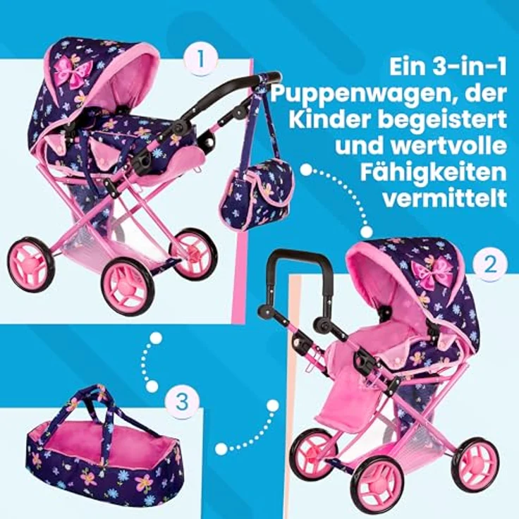 Kinderplay Puppenwagen 3 in 1 mit Tragetasche, höhenverstellbar 34.5 cm - 64 cm, KP0200I, rosa – Bild 2