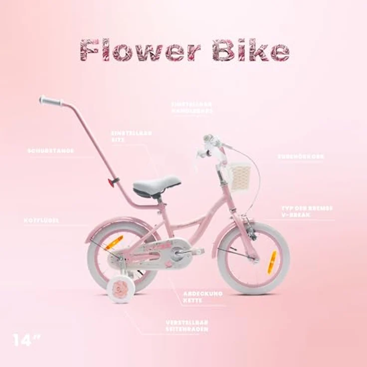 sun baby Mädchenfahrrad 14 Zoll Radgröße Flower Bike mit Abnehmbarer Schubstange, Rosa, Kinderfahrrad für Mädchen von 2 bis 6 Jahre – Bild 5
