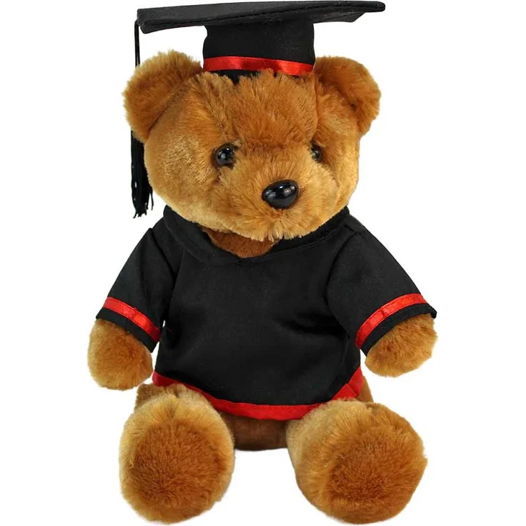 Euro Souvenirs Uni Absolvent Teddy "Klaus", Kuschelweicher Plüschbär in Beige mit schwarzem Hut und Hemd, ca. 28 cm, maschinenwaschbar bis 30°C