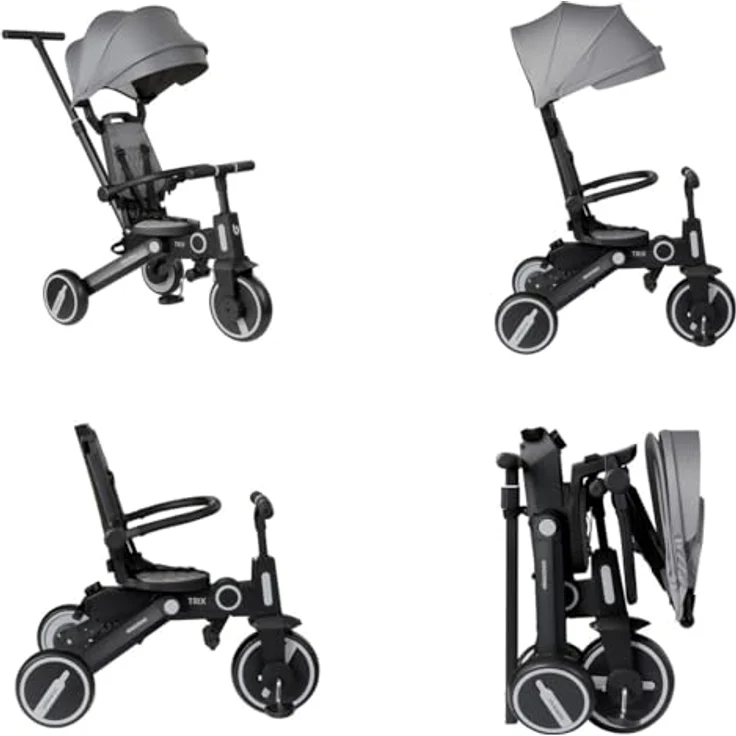 Kikkaboo Tricycle Trix 3 in 1, Dreirad mit Schiebegriff, faltbarem Sonnendach und 360 Grad drehbarem Sitz, grau – Bild 6