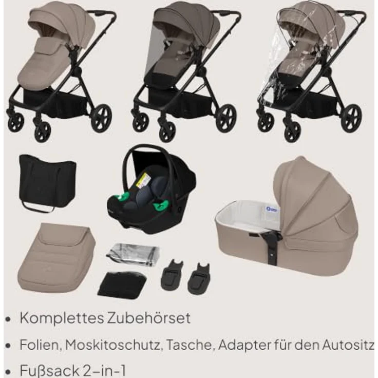 Lionelo Greet 3in1 Kombikinderwagen mit Babywanne, Sportsitz und Babyschale, leicht, federung, UPF50+, wendbar - Beige – Bild 11