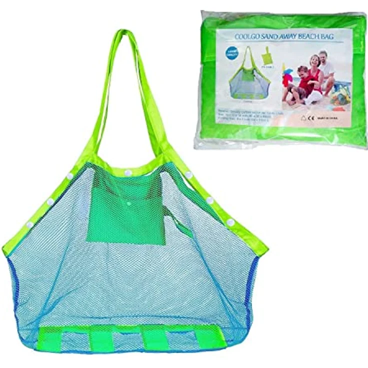 COOLGOEU Strandtasche Strandspielzeug Tasche XXL Groß für Sandspielzeug Wasserspielzeug für Kinder Aufräumsack Spielsack Badetasche Beachbag Faltbar für Familie Urlaub (Blau Mesh/Grün Strap) – Bild 2