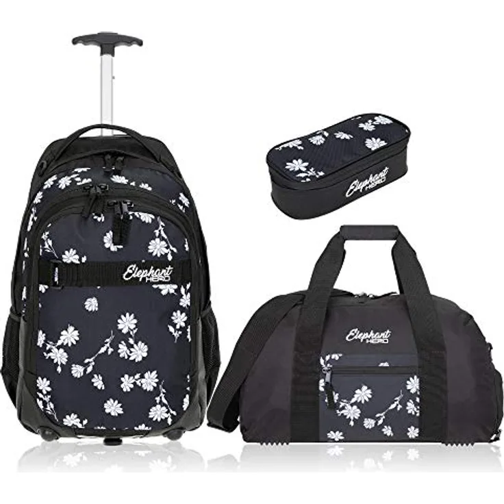 Elephant HERO Signature 3 Teile Set Trolley Schulranzen mit viel Stauraum - Schwarz/Blume