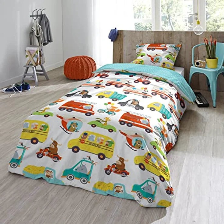 ESPiCO Bettwäsche Trendy Bedding Verkehr Polizei Feuerwehr Schulbus Helikopter Motorrad Cabrio Tiere Renforcé, 135x200 cm, 100% Baumwolle, Kids-Motive, Wendeoptik, weiß gepunktete Abseite – Bild 5