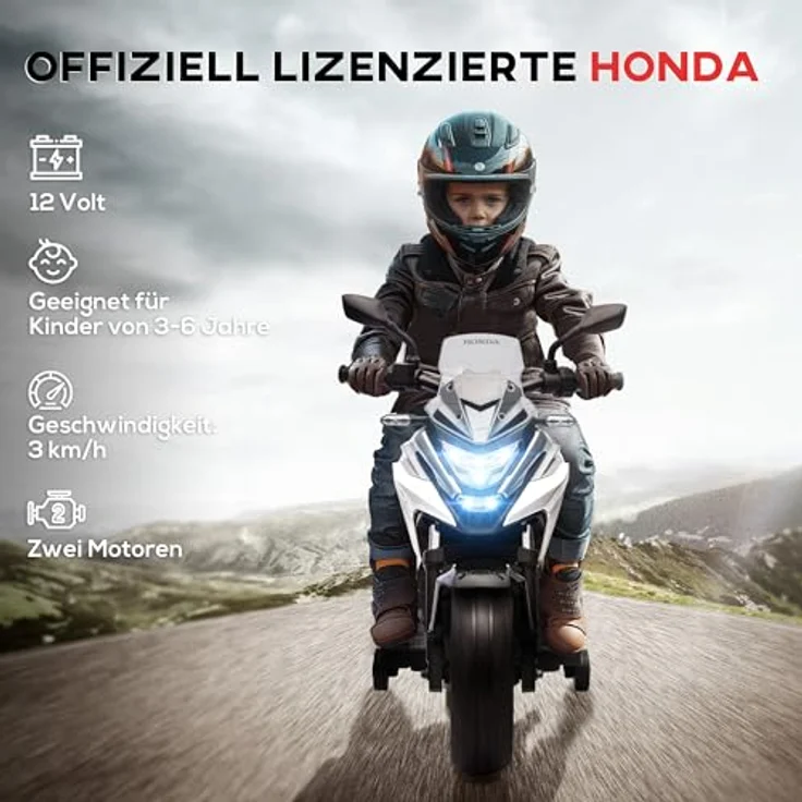 AIYAPLAY Elektro-Kindermotorrad 12V mit MP3, USB, LED-Scheinwerfer, 30 kg Belastbarkeit, für 3-6 Jahre, Weiß – Bild 3