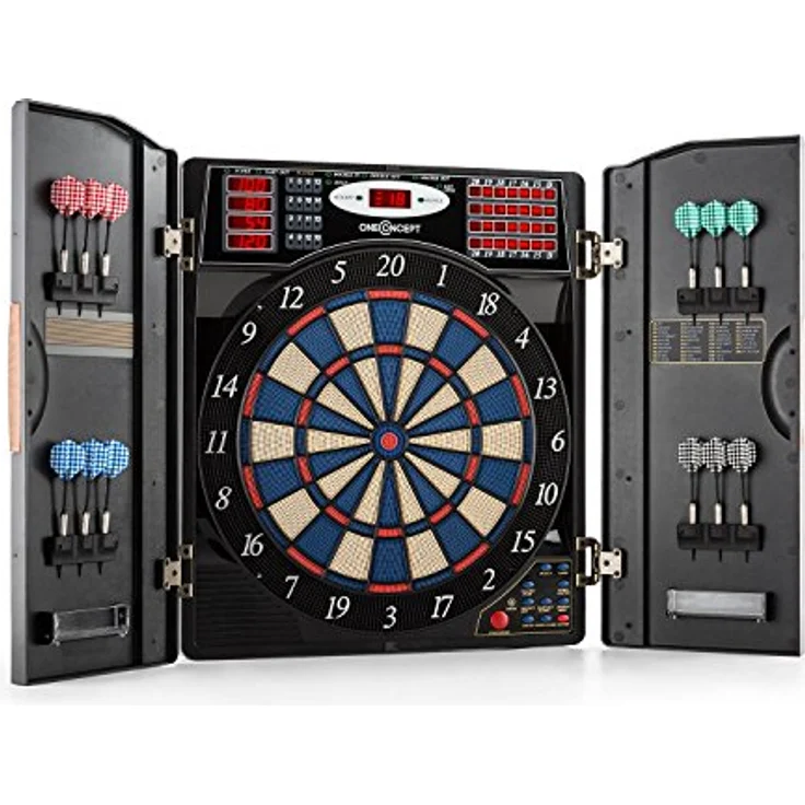OneConcept Masterdarter, elektronischer Dartautomat mit 38 Spielen, 211 Spielvarianten, bis zu 16 Spielern und virtuellen Gegner, Holzoptik – Bild 1