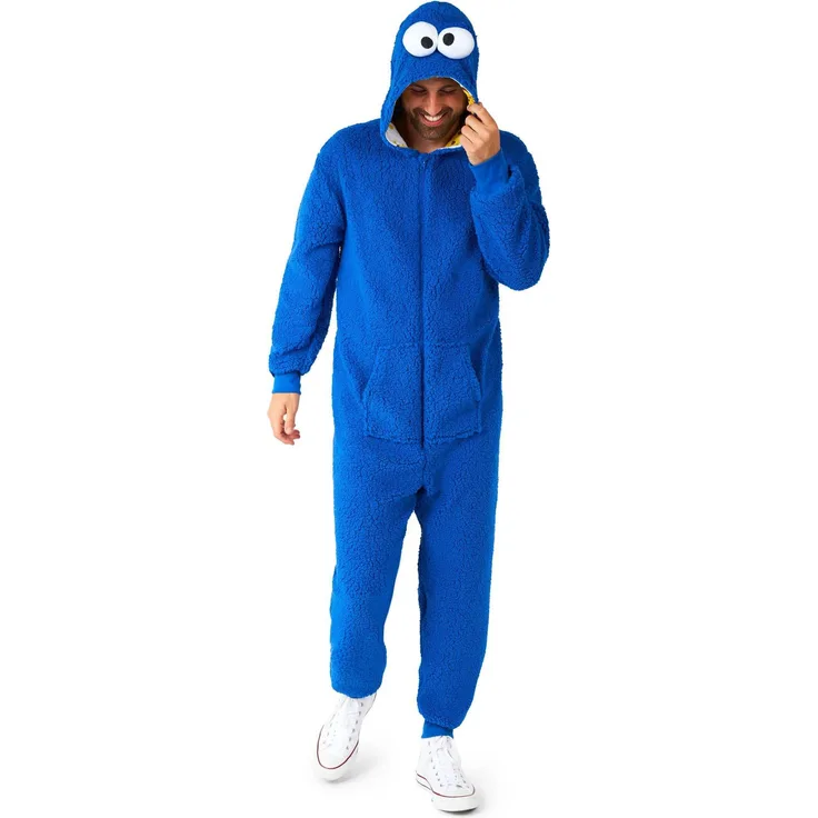Konjac Sponge Krümelmonster Onesie (XXL), Kapuzenoverall mit Seitentaschen und 3D-Augen, weich und anschmiegsam