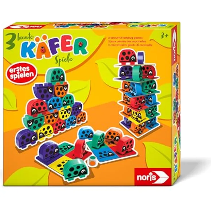 Noris 606012047 - 3 bunte Käfer-Spiele - 36 witzige Käfer Bausteine mit 3 Spiel-Ideen, Spielzeug für Kinder ab 3 Jahre