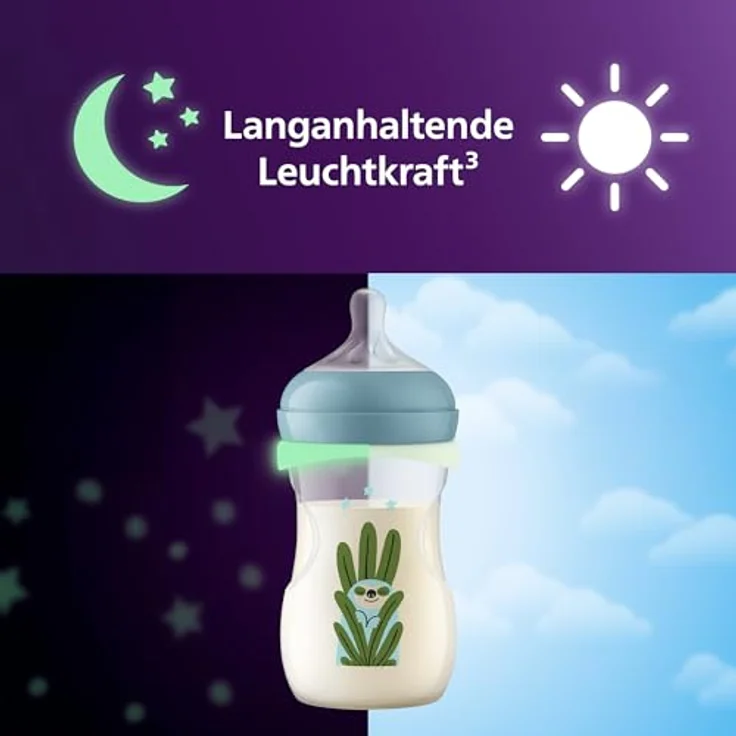 Philips Avent Natural Response Set für die Nacht, 260 ml Babyflasche mit mittlerer Durchflussrate (Mittel 3), leuchtender Ring für Dunkelheit, ultra soft Schnuller mit Motiv müdes Faultier, SCD838/17 – Bild 3