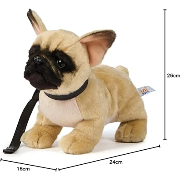 Uni-Toys Französische Bulldogge, Plüschtier in beige mit Leine, 26 cm, naturgetreues Design aus recycelter Polyesterwolle – Bild 5