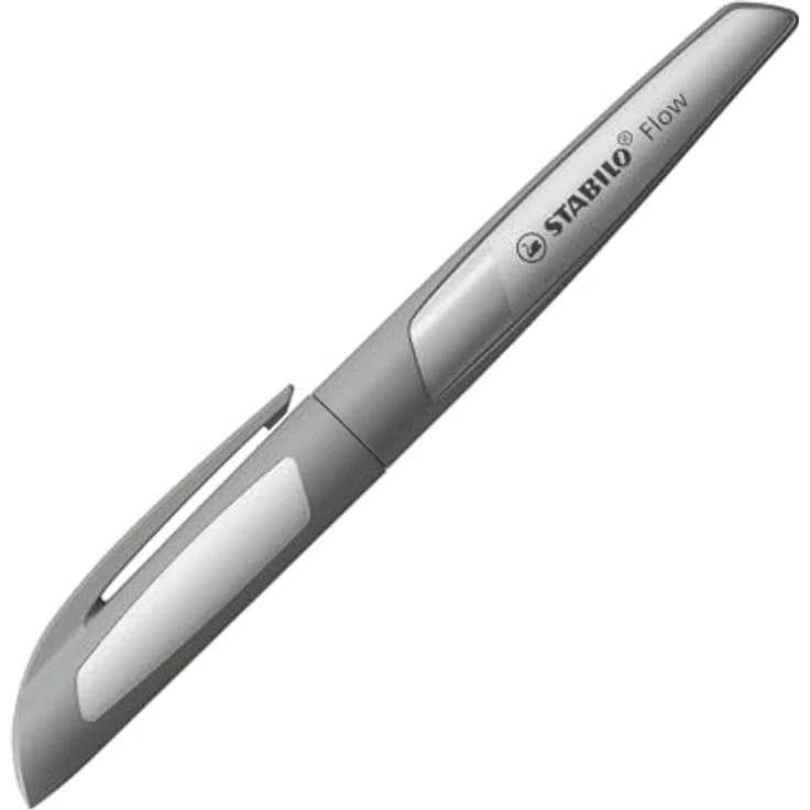 STABILO Füllhalter Flow, ergonomischer Füller in pastellgrau mit Edelstahlfeder M (0,5 mm), nachfüllbar mit königsblauer Tinte – Bild 1