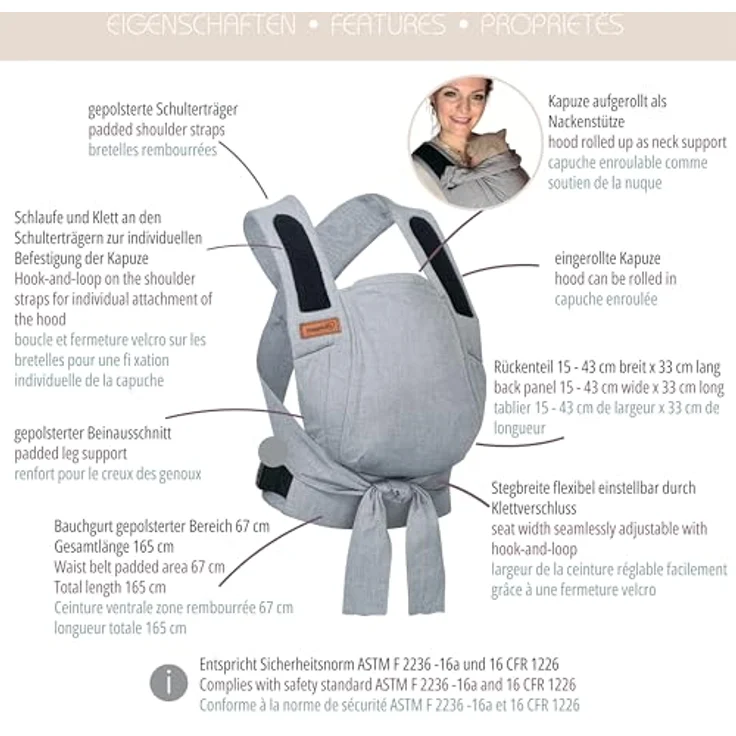 Hoppediz Babytrage Bondolino b.pure, Komforttrage ab Geburt (3 - 20 kg), Bauchtrage, Rückentrage & Hüfttrage aus hautfreundlicher Baumwolle – Bild 5