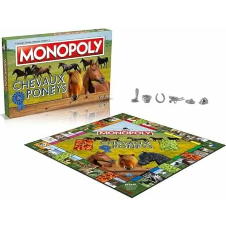 Winning Moves Monopoly Pferde und Ponys, Gesellschaftsspiel – Brettspiel – französische Variante mit 6 Sammelspielsteinen und 32 Boxen