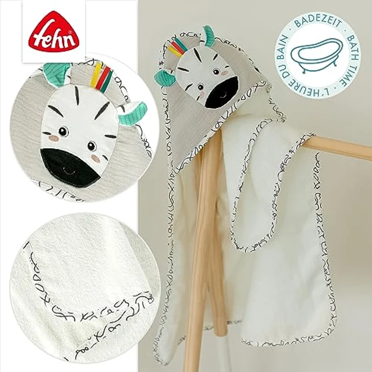 Fehn Kapuzenbadetuch Zebra – Bade-Poncho aus Frottee mit Kapuze und Zebra Motiv – saugstark & kuschelweich – für Babys und Kleinkinder ab 0+ Monaten – Bild 3