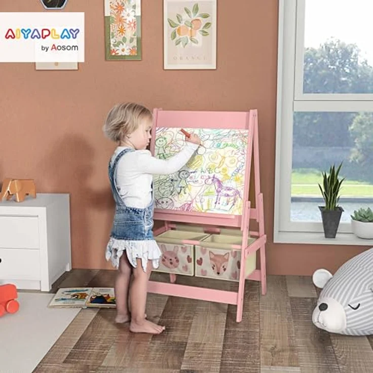 AIYAPLAY Kindertafel, 3 in 1 Staffelei, Doppelseitige Spieltafel mit Aufbewahrungskörben, Rosa, 54 x 46,5 x 93 cm – Bild 2