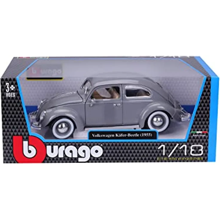 Bburago Volkswagen Käfer (1955), Modellauto im Maßstab 1:18, detailgetreue Nachbildung mit beweglichen Türen, Kofferraum und Motorhaube, grau