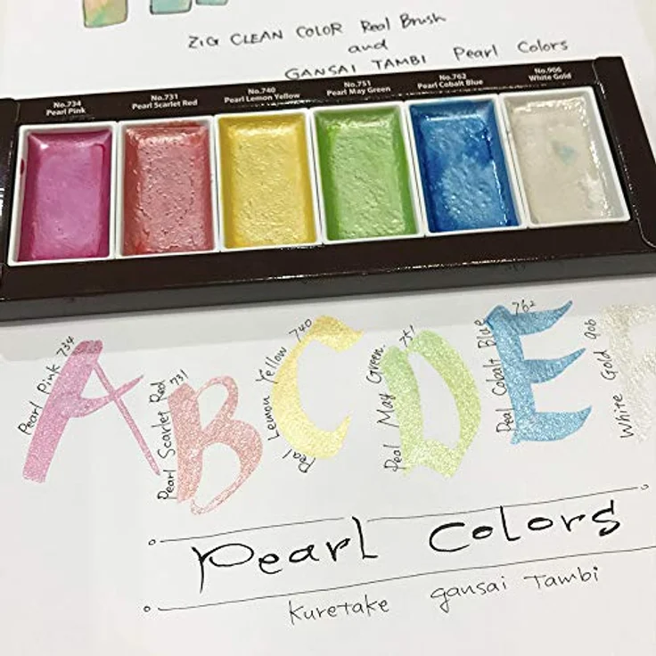Kuretake Aquarellfarbenset, Wasserfarbe, 6 Farben in Gold, Grün, Pink, Rot, Weiß, Gelb, wasserbasiert für Papier – Bild 2