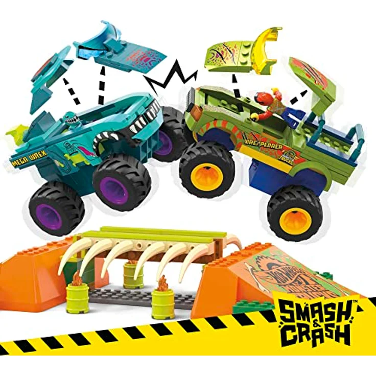 MEGA Hot Wheels Monster Trucks Bauspielzeug, Smash & Crash Mega-Wrex Boneyard Stuntparcours mit 332 Teilen, 2 Figuren und 2 Rampen, Kinder ab 5 Jahren, HKF89 – Bild 3