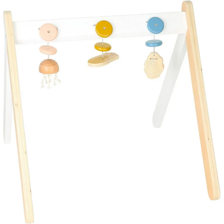 Small Foot Spielbogen Seaside, Baby-Spielbogen aus Holz in Rauchblau, Senfgelb und Altrosa, mit verschiedenen Reizen und Motorik-Elementen – Bild 1