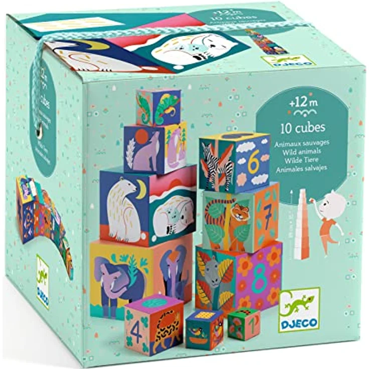 DJECO Stapelspielzeug Stapelturm Wilde Tiere, 10 Würfel aus stabilem Karton, Lernspiel für Kinder ab 12 Monaten, 13 x 13 x 13 cm – Bild 6