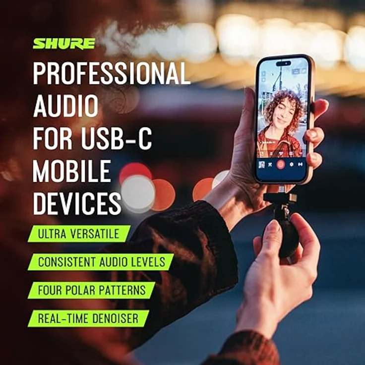 Shure MV88 USB-C Stereo-Mikrofon für Mobile Aufnahmen und Vlogging, Auto-Level-Modus, Echtzeit-Denoiser, vier Richtcharakteristiken, schwarz – Bild 2