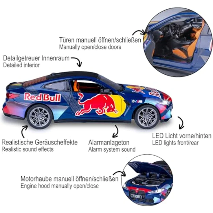 Blau BMW M4 Diecast 1:24, Modellauto in Blau mit Knopfzellen inkludiert – Bild 4