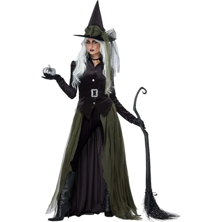 Metamorph Gothic Witch Kostüm (S), hochgeknöpfte Jacke mit Spitzkragen, mehrlagiger Überrock und zweiteiliger Hexenhut, schwarz – Bild 2