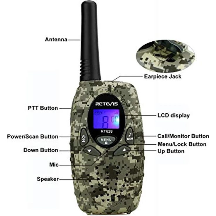 Retevis RT628 Walkie Talkie Kinder, Große Reichweite Funkgerät, Einfache Handhabung PMR446 Spielzeug ab 3-12 Jahre, Spy Gear, Reisen, 1 Paar, Tarnung – Bild 3