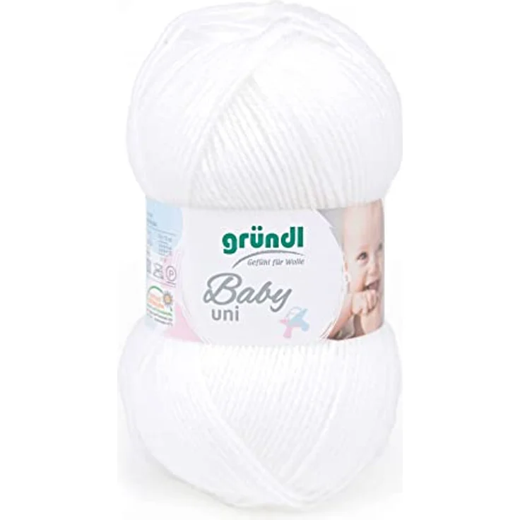 Gründl Baby uni Wolle (OEKO-TEX zertifizierte Wolle, strapazierfähig und pflegeleicht, 70 % Polyacryl 30 % Polyamid, 50 g / 150 m, Nadelstärke: 3,5 - 4,5, 1 x 50 g), Weiß – Bild 1