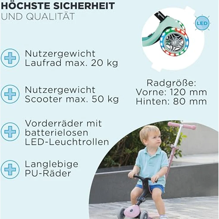 Globber Go-Up Active Lights 360, 3-in-1 Scooter für Kinder, faltbar mit LED-Beleuchtung, höhenverstellbarem Sitz und Lenker, blau – Bild 6