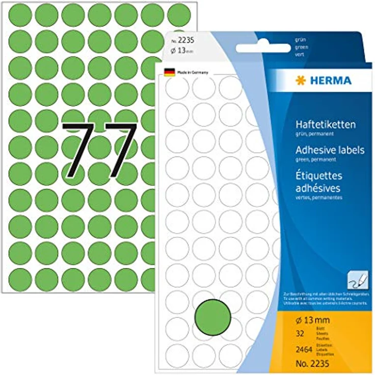 HERMA 2235 Punktaufkleber Klebepunkte grün, 32 Blatt, Ø 13 mm, 77 pro Bogen, 2464 Aufkleber, selbstklebend, Markierungspunkte zum Beschriften, runde Farbpunkte aus Papier, blanko – Bild 1