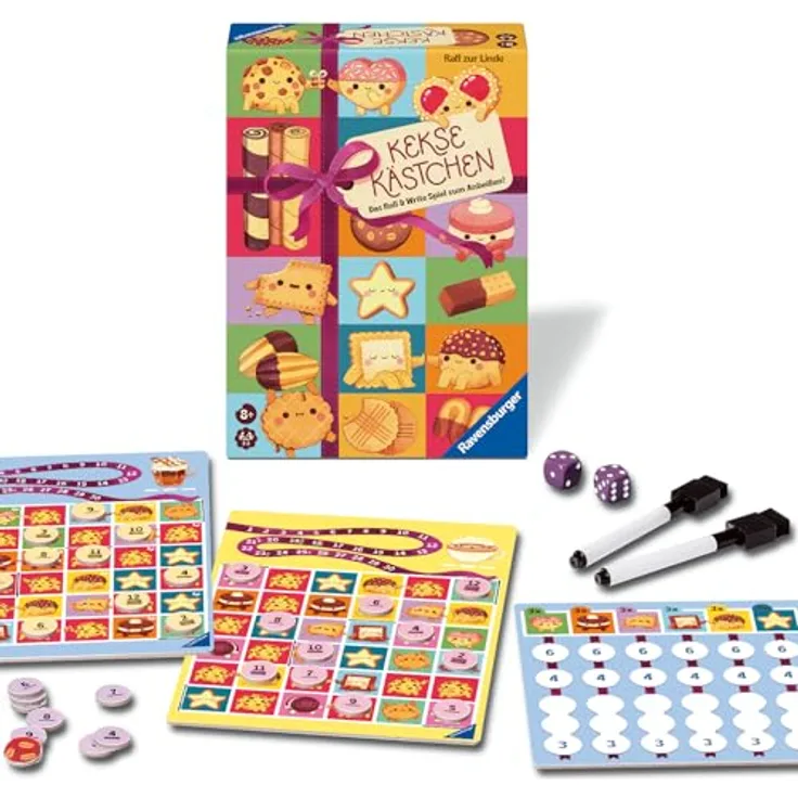 Ravensburger Keksekästchen 24749, Roll & Write Spiel mit doppelseitigen Spielplänen und abwischbaren Stiften, geeignet ab 8 Jahren