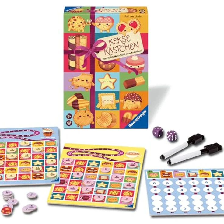 Ravensburger Keksekästchen 24749, Roll & Write Spiel mit doppelseitigen Spielplänen und abwischbaren Stiften, geeignet ab 8 Jahren – Bild 1