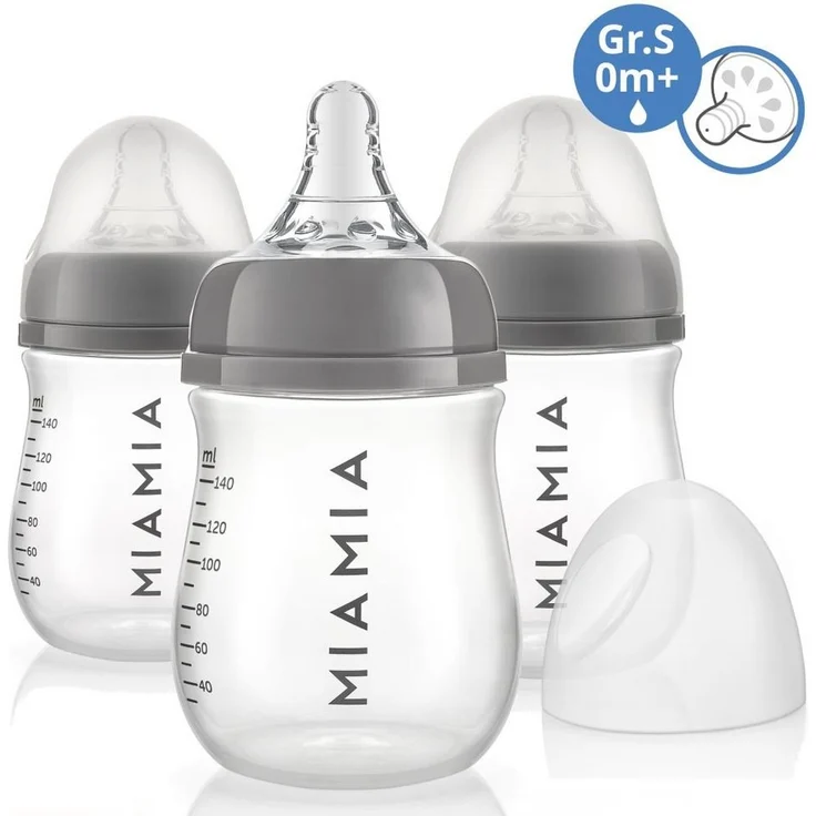 MiaMia Babyflasche PP-Flasche - Grau, 3er Pack Babyflasche 140 ml + Silikon-Trinksauger Größe S – Bild 1