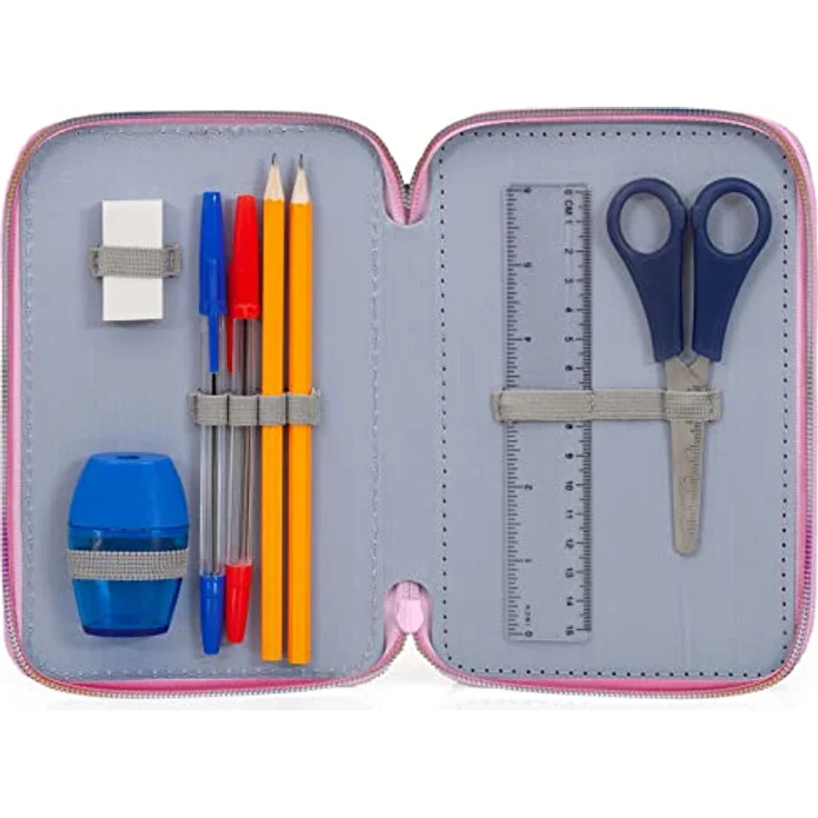 Julian Ross 3-Fach Federmäppchen für Mädchen, 44-teilig mit Schere, Lineal und Buntstiften, Rosa & Lila – Ideal für Schule und Geschenke – Bild 3