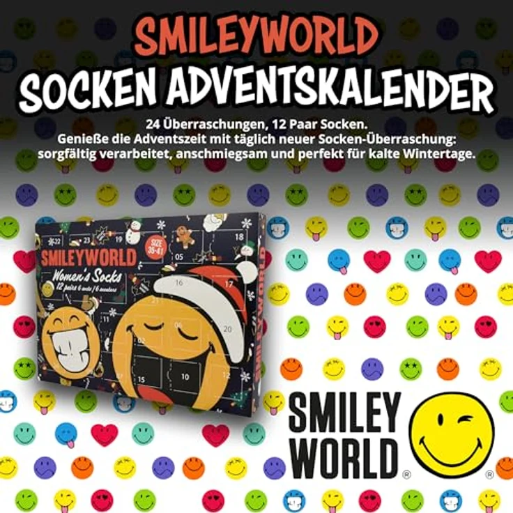 United Labels SmileyWorld Adventskalender, 12 Paar bunte Socken für Damen, Größe 35-41, inklusive Sneaker- und langen Socken, ideales Weihnachtsgeschenk – Bild 2