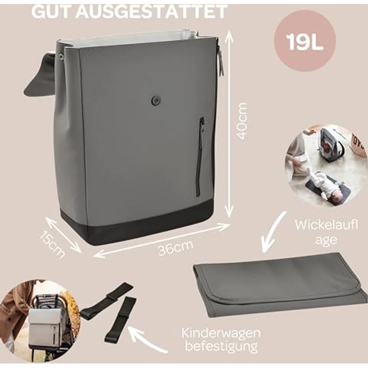 Beaba Oslo Wickelrucksack, 19 Liter mit 11 Taschen, isolierter Tasche und Halterungen für den Kinderwagen, wasserdicht, grau – Bild 4