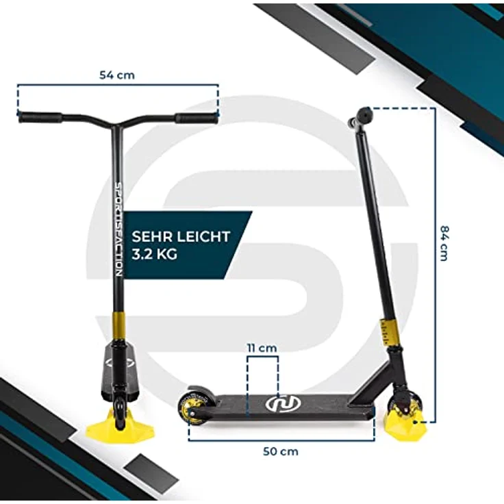 Sportisfaction Stuntscooter Gold, Profi Roller mit ABEC11 Kugellagern, 4-fach Klemme, robustes Alu-Deck 50x11cm, belastbar bis 100kg – Bild 5