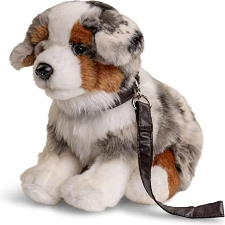 Uni-Toys - Australischer Schäferhund Welpe, sitzend (mit Leine) - 22 cm (Höhe) - Plüsch-Hund, Haustier - Plüschtier, Kuscheltier