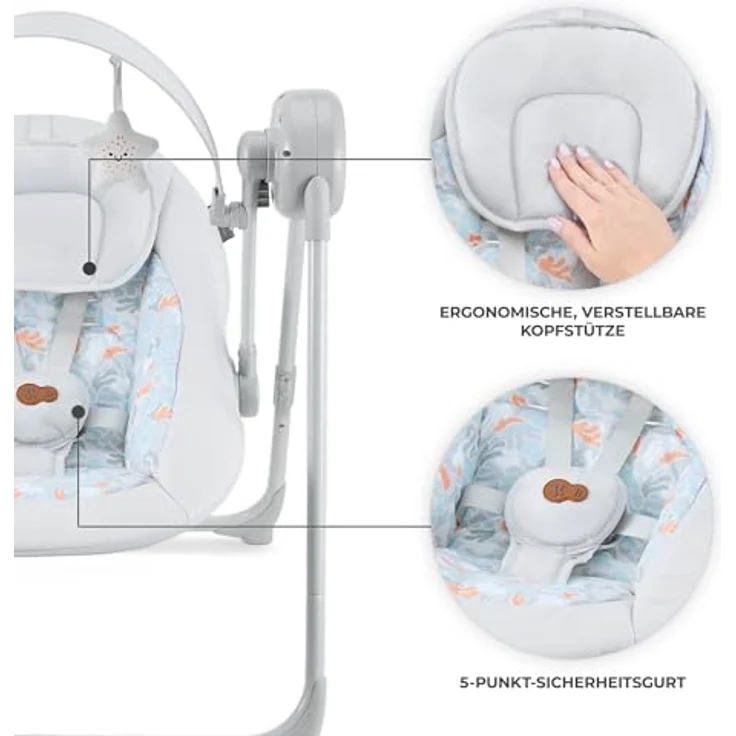 Kinderkraft SWINGEE Elektrische Babywippe, mit Schwingfunktion, 5 Geschwindigkeitsstufen, eingebauter Timer, 8 Beruhigungsmelodien, verstellbare Rückenlehne, klappbar, grau – Bild 5