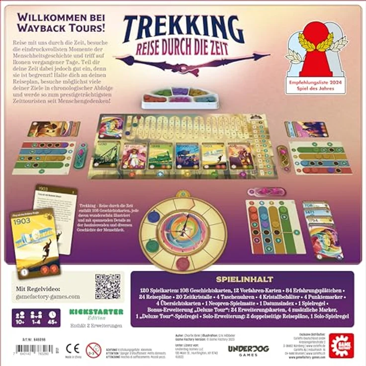 Game Factory 646098 Trekking, Reise durch die Zeit, Gesellschaftsspiel für 1-4 Spieler, ab 10 Jahren, Brettspiel, Familienspiel, mit 108 liebevoll illustrierten Geschichtskarten – Bild 4