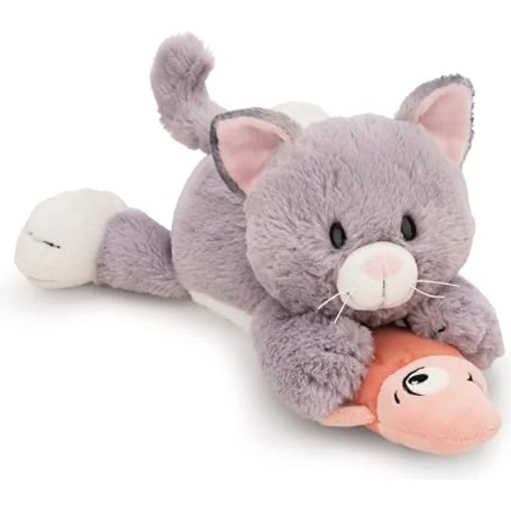 NICI Kuscheltier Katze grau, 30 cm Plüschkatze liegend mit Fisch aus recyceltem Material – Bild 1