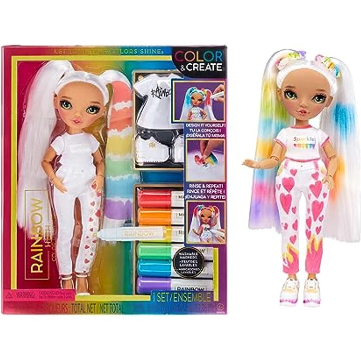 Rainbow High Color & Create DIY Modepuppe - Grüne Augen, Zöpfe, extra Top & Schuhe, abwaschbare Regenbogenstifte - Ausmalen, Gestalten, Spielen, Auswaschen - für Kinder von 4-12 Jahren und Sammler – Bild 1