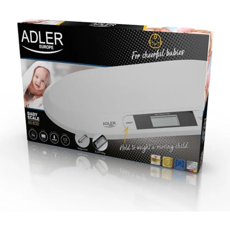 ADLER EUROPE AD 8139 Baby-Waage bis 20 kg, LCD-Display mit Hintergrundbeleuchtung, Haltefunktion, Tara-Funktion, Präzision 0,01 kg, Plattform 56x26 cm, Weiß – Bild 3